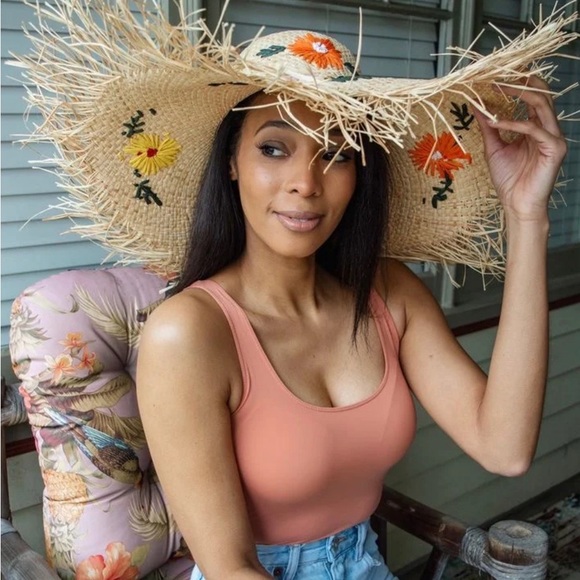 Charlotte Sunhat Colorful Embroidered Floral 100% Raffia Wide Brim with… - Picture 2 of 11